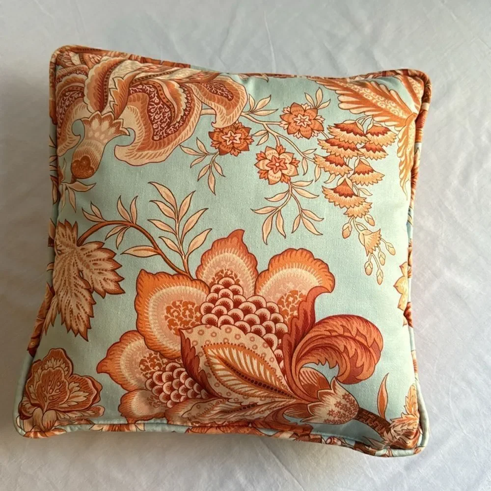 Custom-made sky blue coral print chinoserie pillow with zippered closure.
